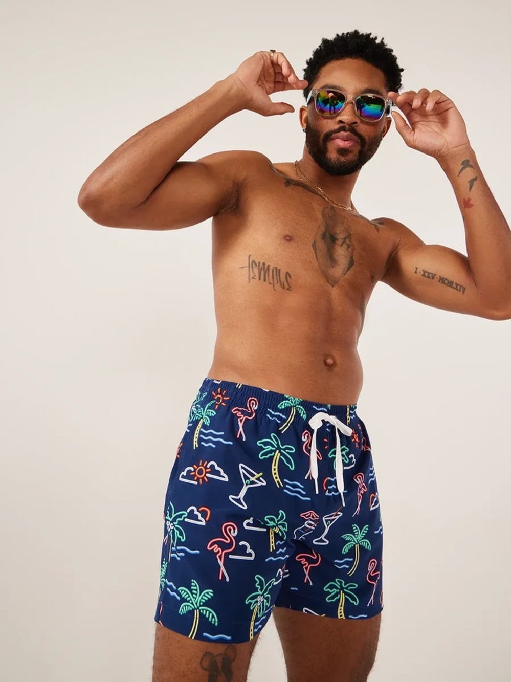 chubbies Navy Neon Tropical Print Swim Trunks